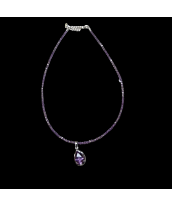 Pendentif Améthyste & collier perles d'améthyste facettées Argent 925