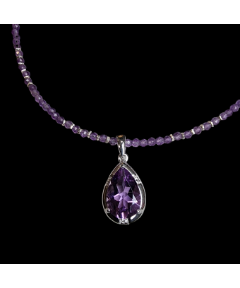 Pendentif Améthyste & collier perles d'améthyste facettées Argent 925