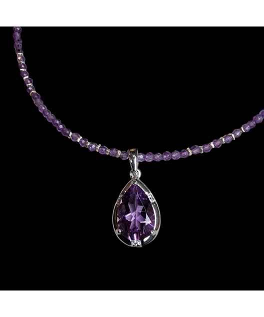 Pendentif Améthyste & collier perles d'améthyste facettées Argent 925