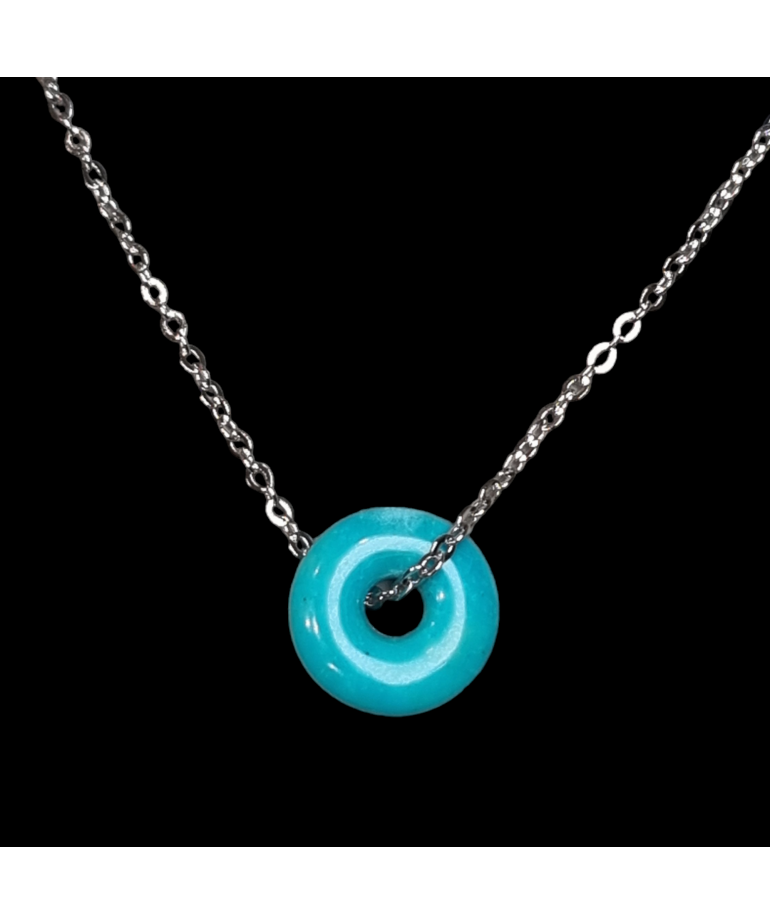 Pendentif Turquoise Donut sur chaîne métal rhodié