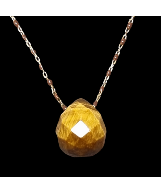 Pendentif Œil de tigre et Chaîne perles d'émail Plaqué or