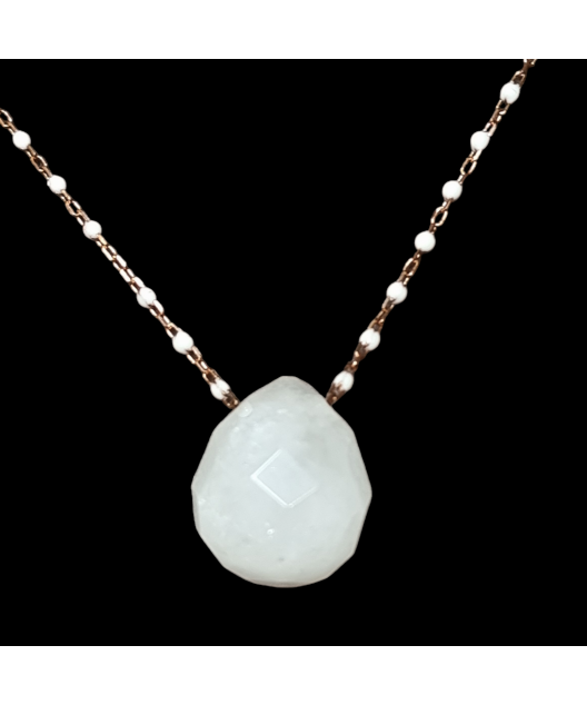 Pendentif Cristal blanc et Chaîne perles d'émail Plaqué or