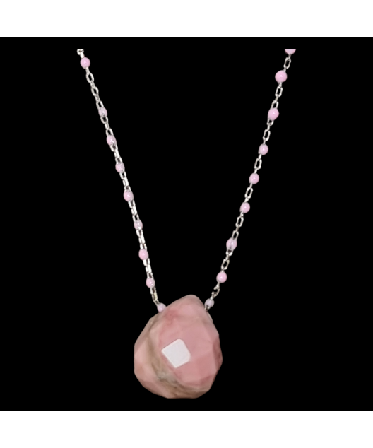 Pendentif Rhodonite et Chaîne perles d'émail Acier