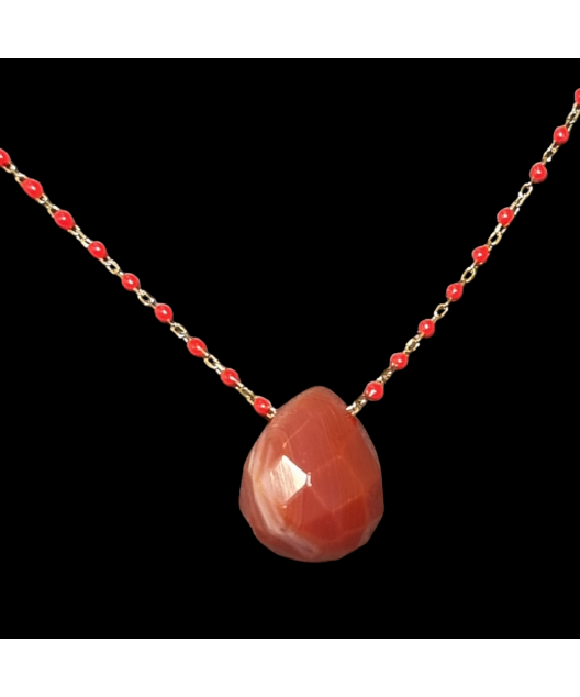 Pendentif Cornaline et Chaîne perles d'émail plaqué or