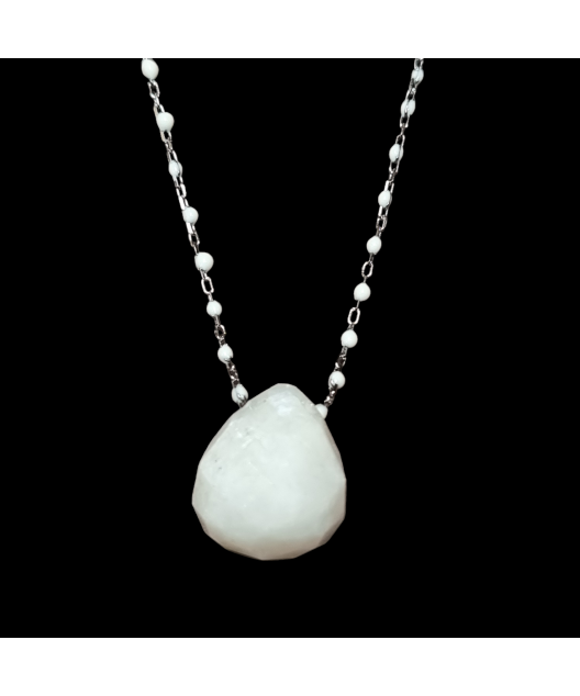 Pendentif Pierre de lune et Chaîne perles d'émail Acier