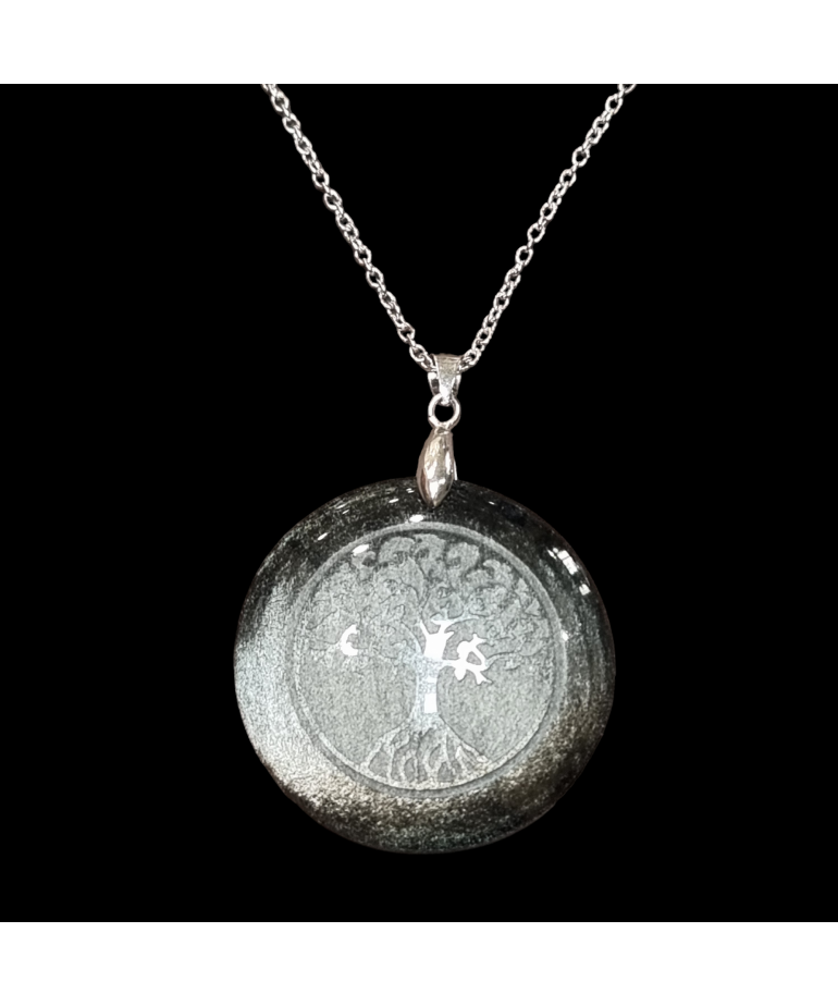 Pendentif Obsidienne argentée Arbre de vie avec chaîne