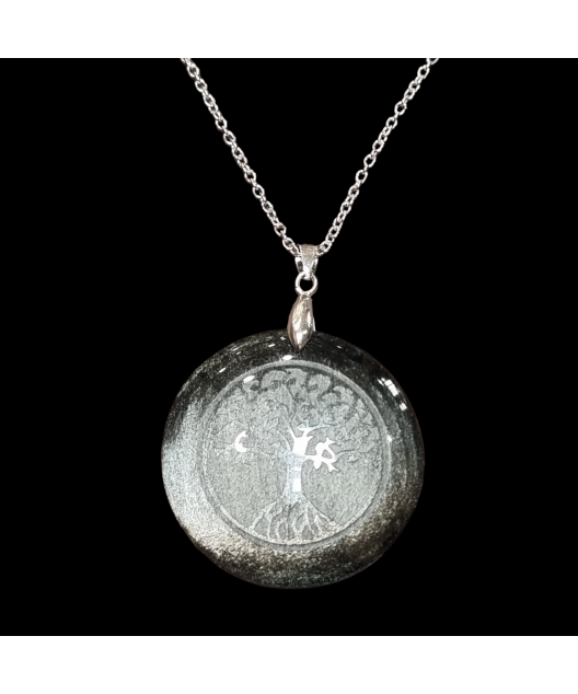 Pendentif Obsidienne argentée Arbre de vie avec chaîne
