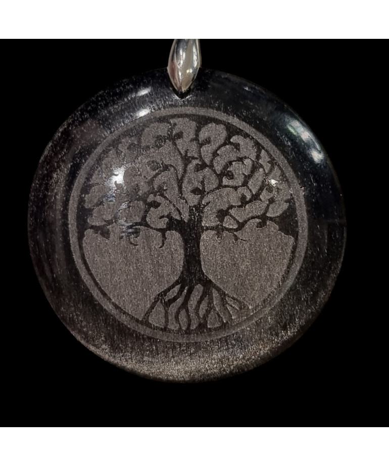 Pendentif Obsidienne argentée Arbre de vie avec chaîne