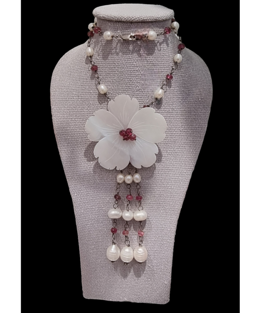 Collier Nacre Perles & Rubellite Fleur Argent 925