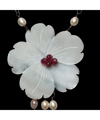 Collier Nacre Perles & Rubellite Fleur Argent 925