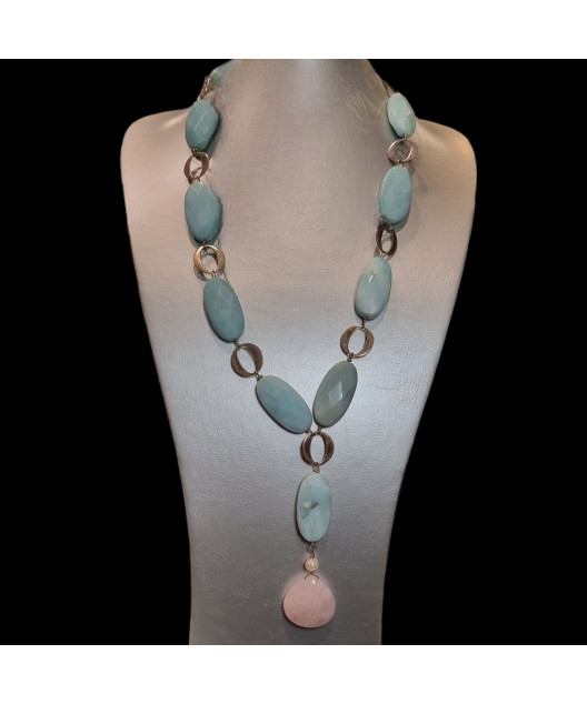 Collier Amazonite & Quartz rose Argent 925