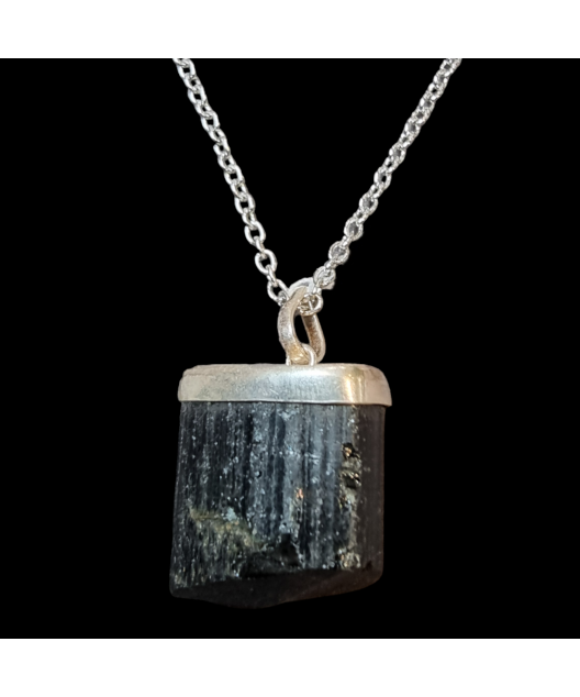 Pendentif Tourmaline noire Argent 925 sur chaîne acier inox