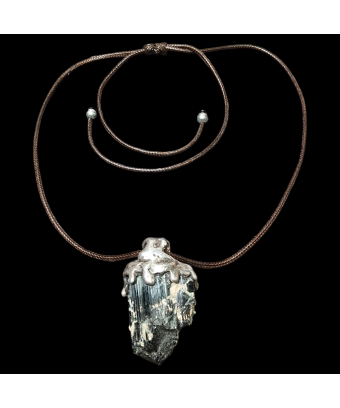 Pendentif Tourmaline noire brute Argent 925 sur cordon réglable