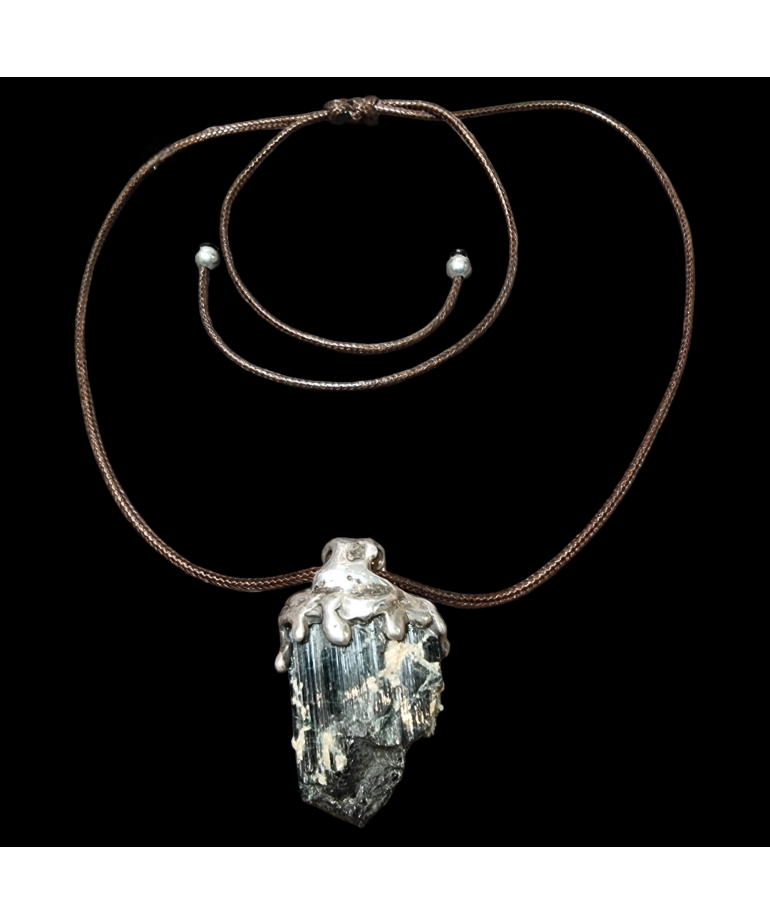 Pendentif Tourmaline noire brute Argent 925 sur cordon réglable