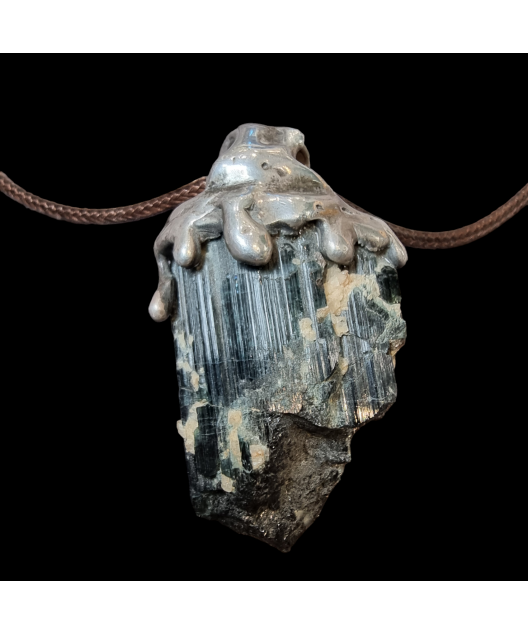 Pendentif Tourmaline noire brute Argent 925 sur cordon réglable