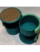 Boîte de rangement & rechargement Fleur de vie deux niveaux ronde azur pm pour pierres et bracelets