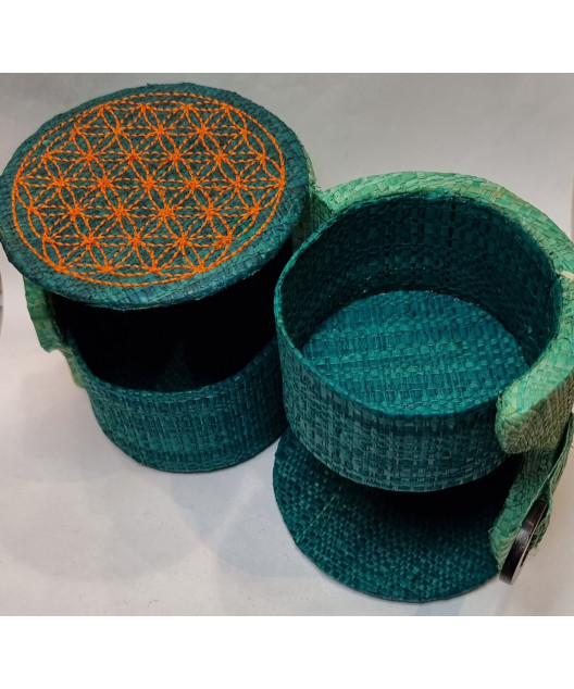 Boîte de rangement & rechargement Fleur de vie deux niveaux ronde azur pm pour pierres et bracelets