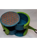Boîte de rangement & rechargement Fleur de vie deux niveaux ronde verte pm pour pierres et bracelets
