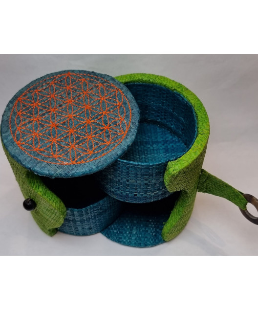 Boîte de rangement & rechargement Fleur de vie deux niveaux ronde verte pm pour pierres et bracelets