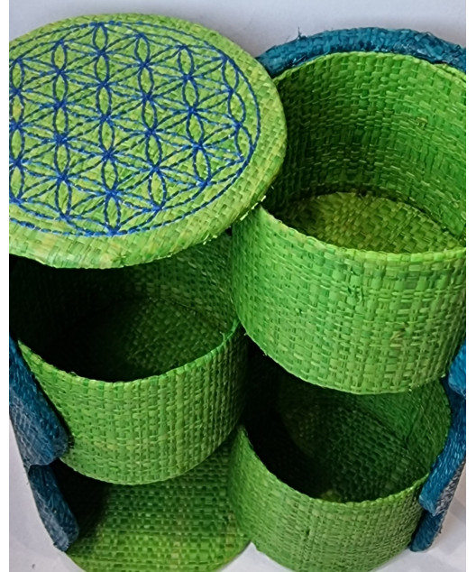 Boîte de rangement & rechargement Fleur de vie trois niveaux ronde azur pm pour pierres et bracelets