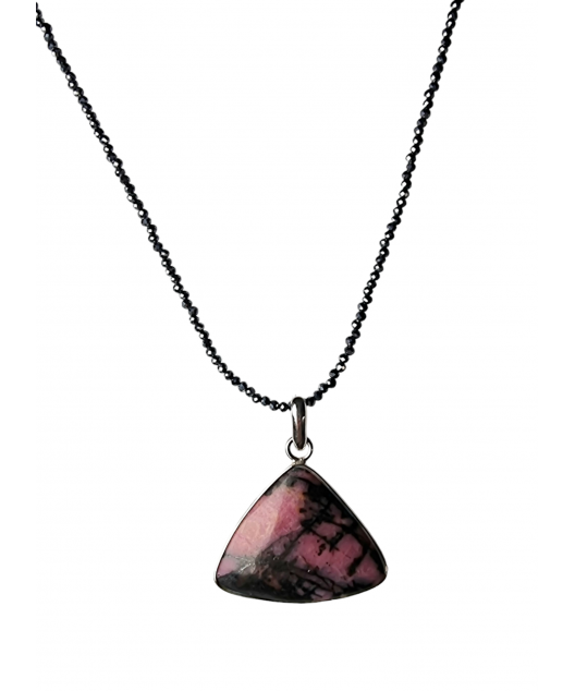 Pendentif Rhodonite avec chaîne Hématite perles facettées argent 925