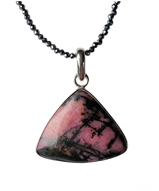 Pendentif Rhodonite avec chaîne Hématite perles facettées argent 925