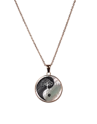 Pendentif Nacre Yin Yang motif Arbre de vie et chaîne acier rosé