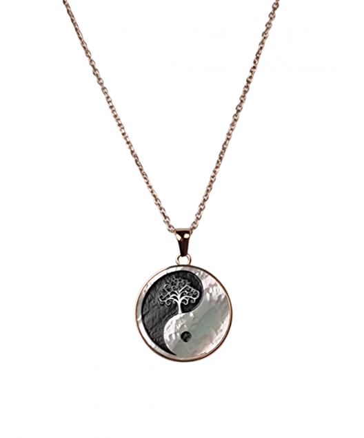 Pendentif Nacre Yin Yang motif Arbre de vie et chaîne acier rosé