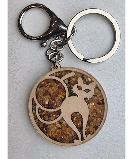 Porte-clés Ambre & bois Chat