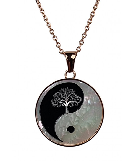 Pendentif Nacre Yin Yang motif Arbre de vie et chaîne acier rosé