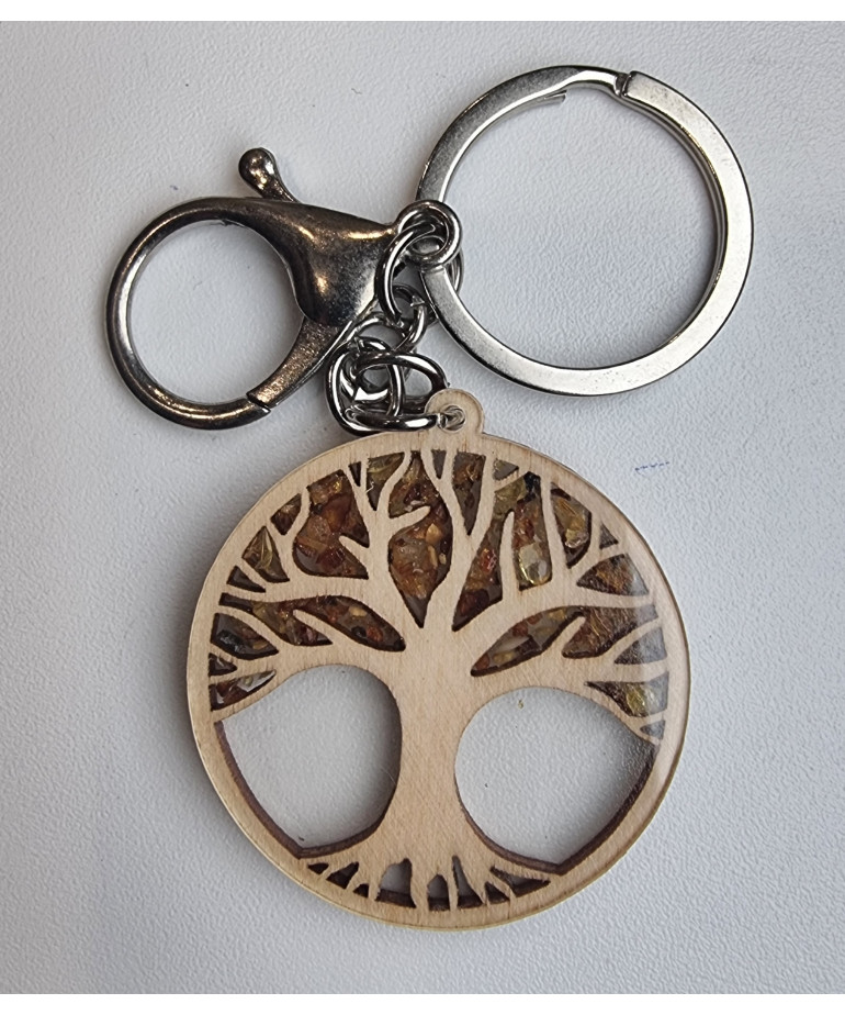 Porte-clés Ambre & bois Arbre de vie