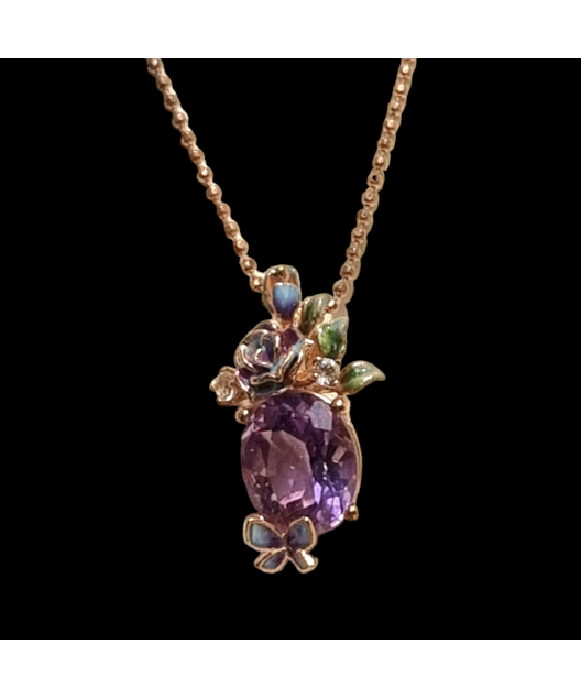 Pendentif Améthyste & émail sur chaîne plaquée or rosé