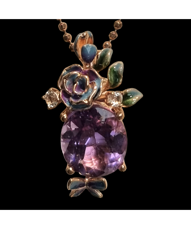 Pendentif Améthyste & émail sur chaîne plaquée or rosé