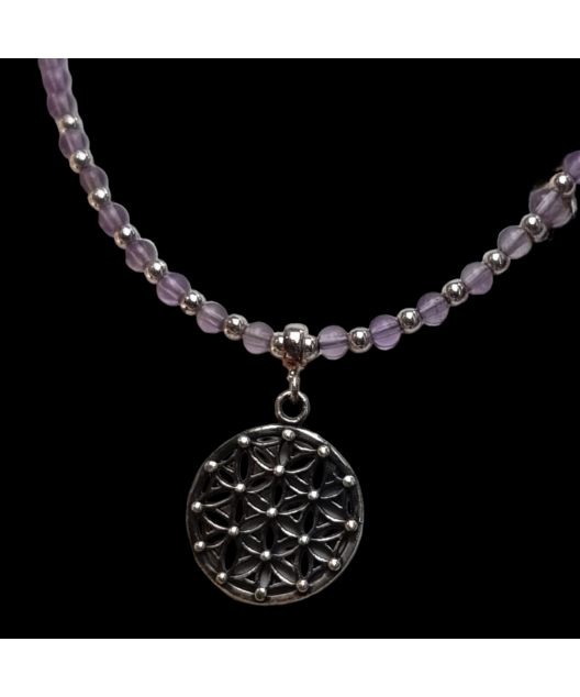 Pendentif  Fleur de vie sur collier Améthyste Argent 925