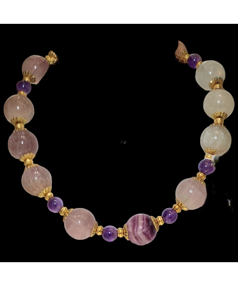 Collier Fluorite rainbow & Améthyste plaqué or