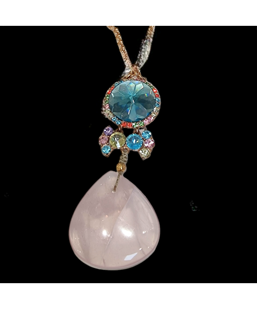 Pendentif Quartz rose & Zirconium Argent 925 avec chaîne dorée