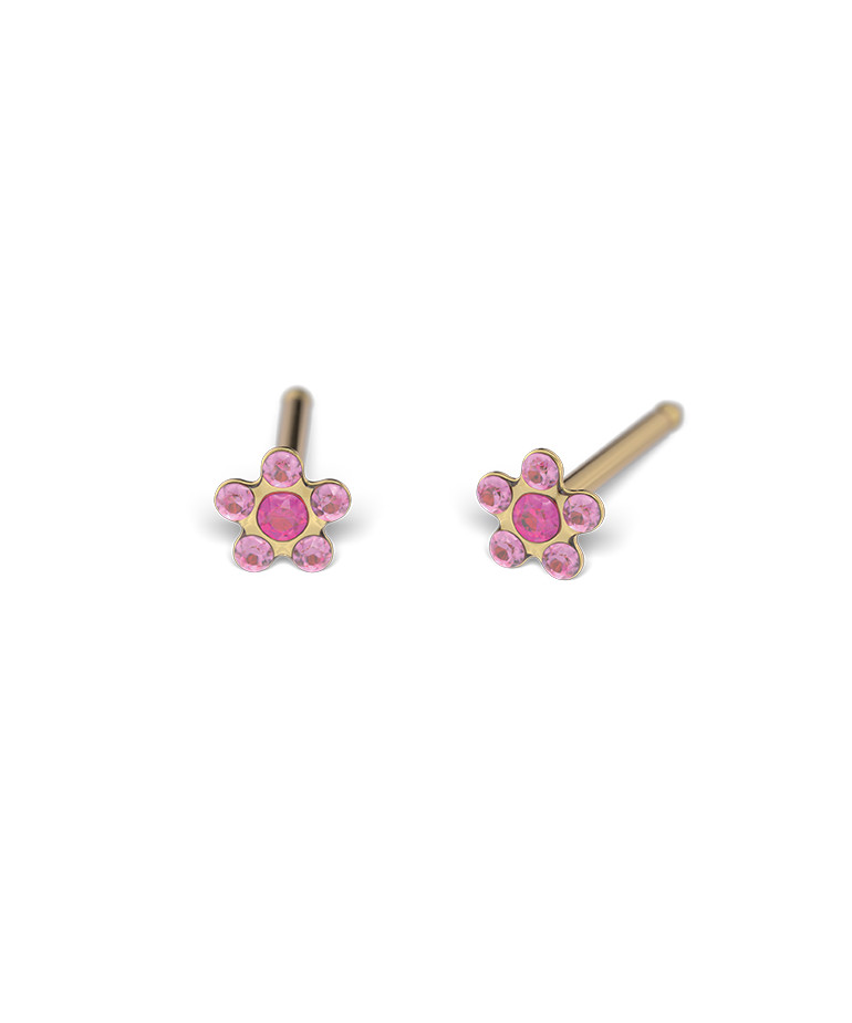 Kit de perçage oreilles + boucles d'oreilles acier chirurgical doré Daisy cœur fuchsia