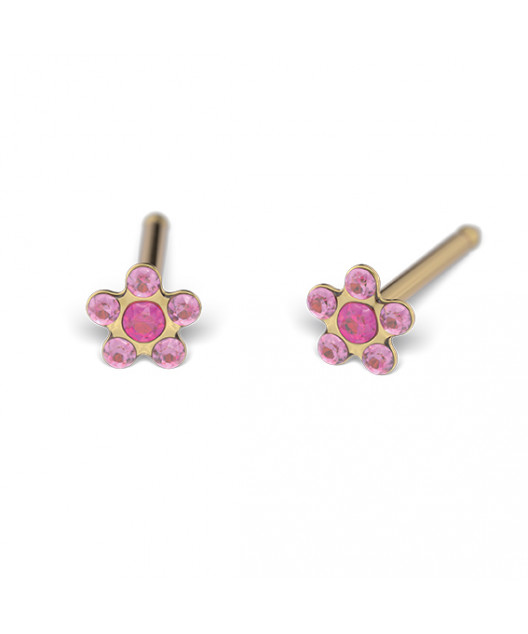 Kit de perçage oreilles + boucles d'oreilles acier chirurgical doré Daisy cœur fuchsia