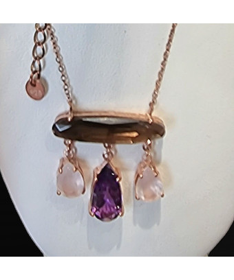 Pendentif Quartz rose Quartz fumé & Améthyste avec chaîne plaqué or