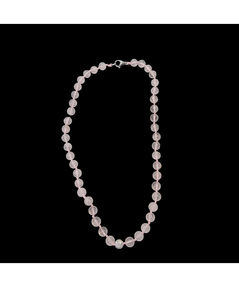 Collier Quartz rose pierres rondes 8mm sur cordon noué