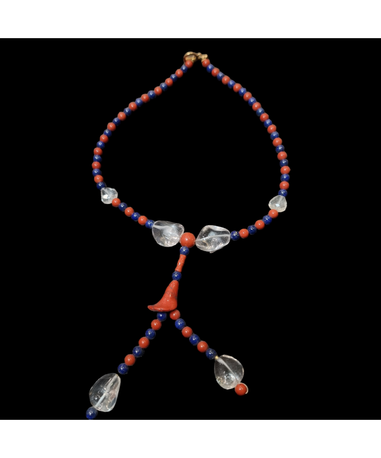 Collier Cristal de roche & pierres rondes Jaspe rouge et Lapis-lazuli