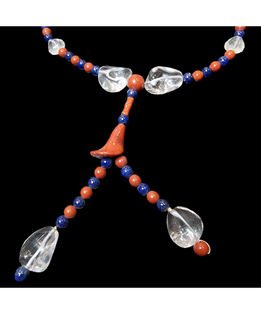 Collier Cristal de roche & pierres rondes Jaspe rouge et Lapis-lazuli