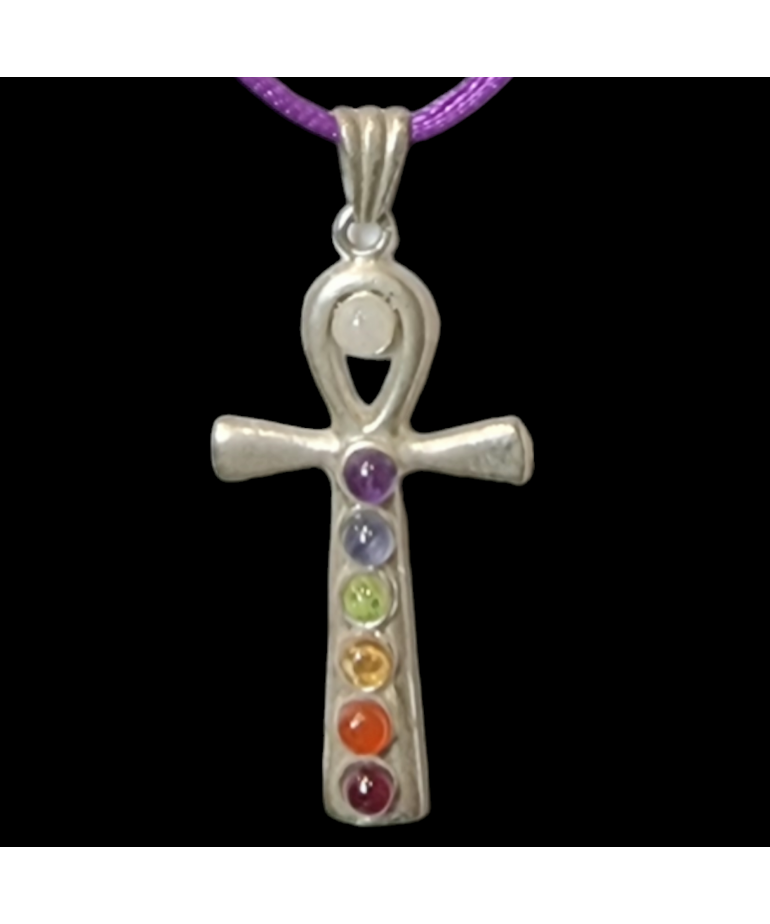 Pendentif 7 Chakras Croix Egyptienne Métal argenté sur cordon