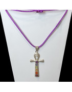 Pendentif 7 Chakras Croix Egyptienne Métal argenté sur cordon