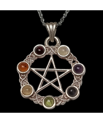 Pendentif 7 Chakras Pentagramme Métal argenté sur chaîne