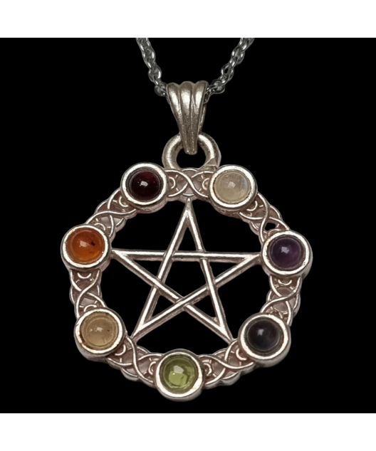 Pendentif 7 Chakras Pentagramme Métal argenté sur chaîne