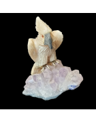 Oiseau Calcite jaune sur Améthyste