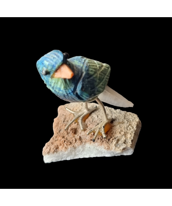 Oiseau Chrysocolle sur socle Quartz