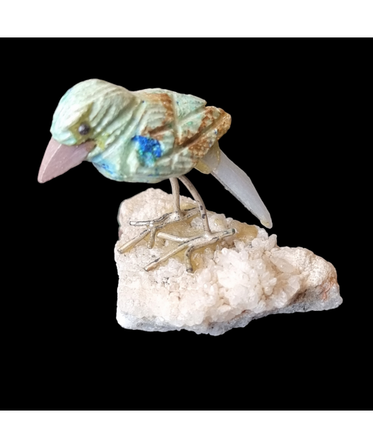 Oiseau Chrysocolle sur socle Quartz