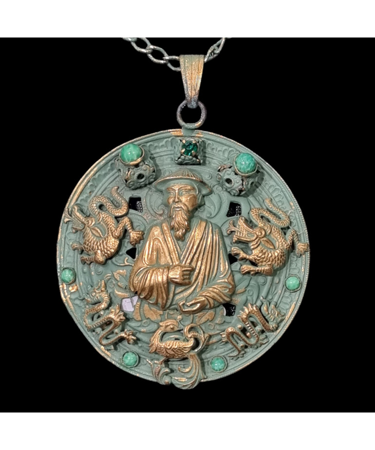 Pendentif médaillon Bronze Zirconium & Jade Confucius